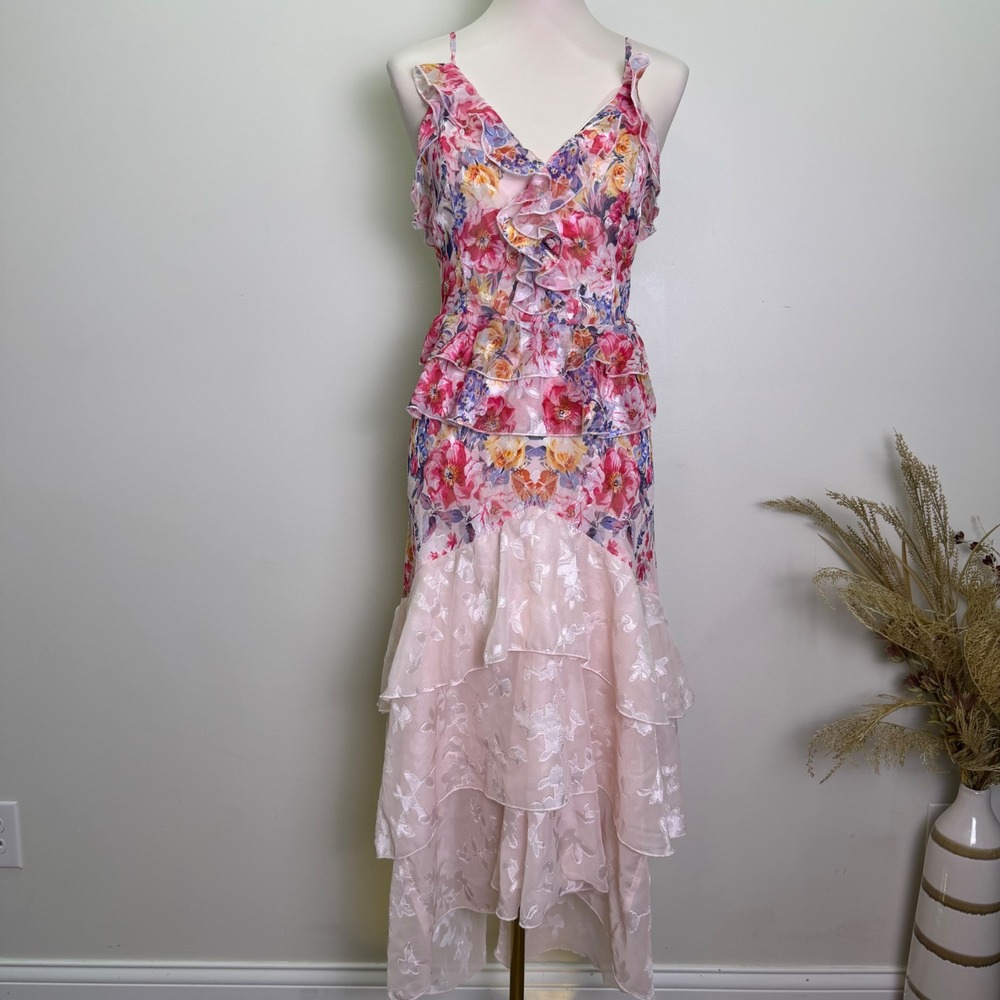Fairy Pink Floral Ruffle High-Low Maxi Dress Size Medium